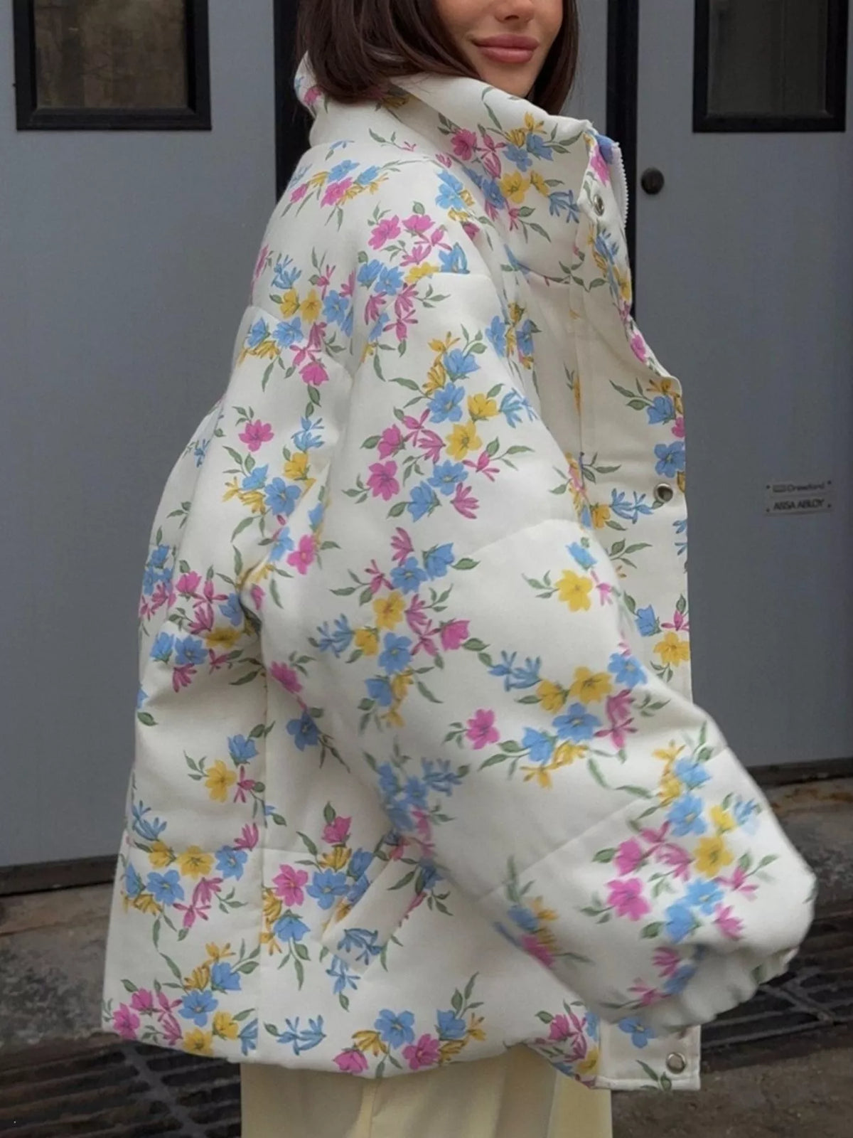 Floral Print Puffer Jacket in White by Prisca