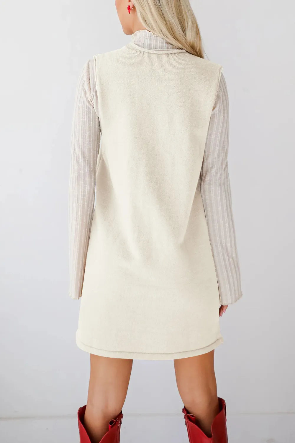 Pocketed V-Neck Mini Sweater Overall Dress