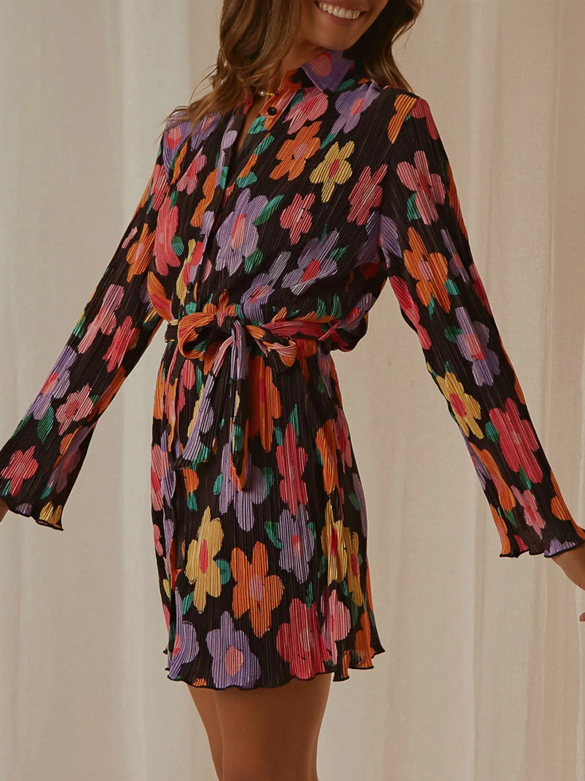 Printed Long-Sleeve Button-Front Mini Dress