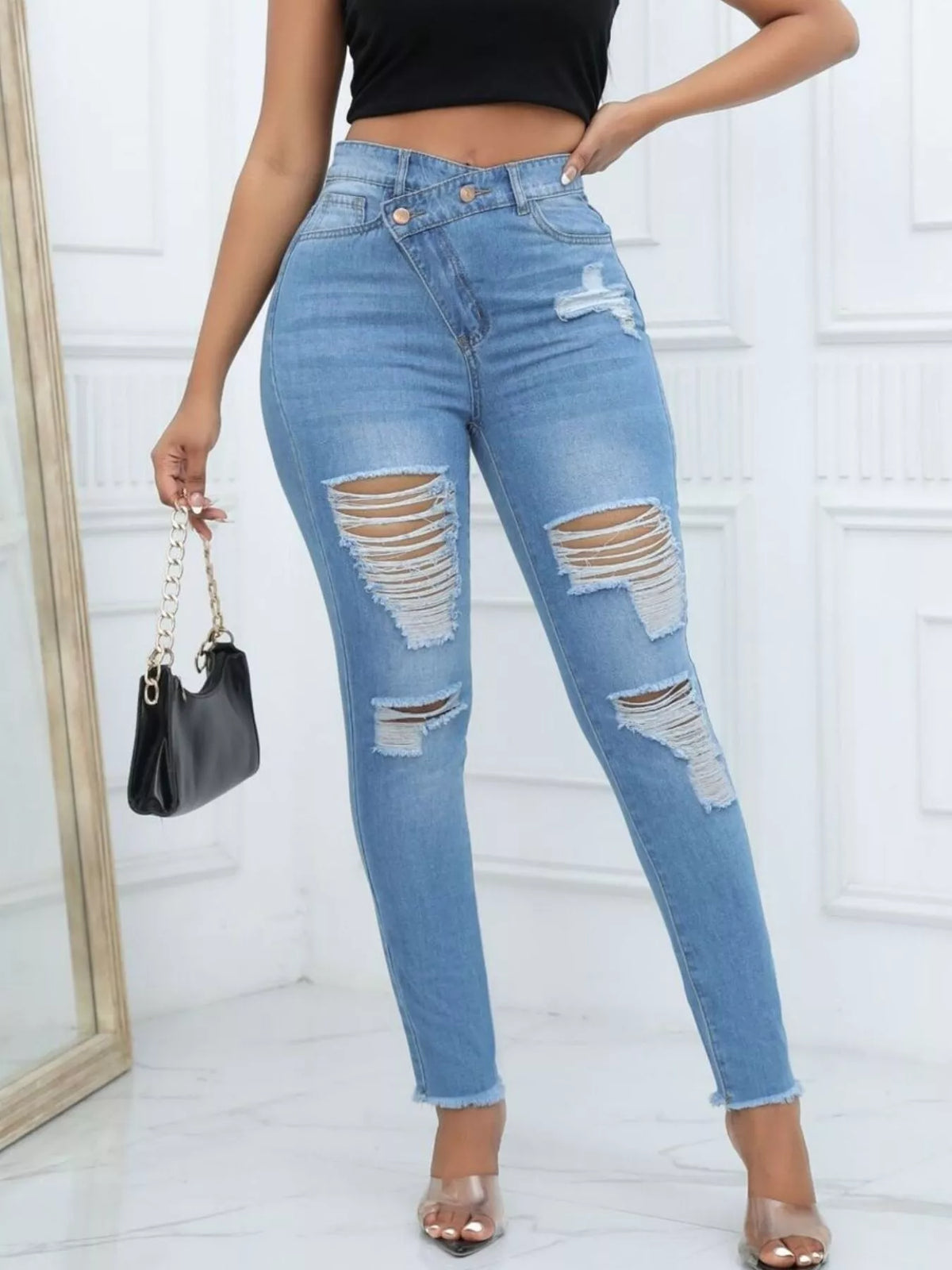 Distressed Raw Hem High-Waisted Jeans