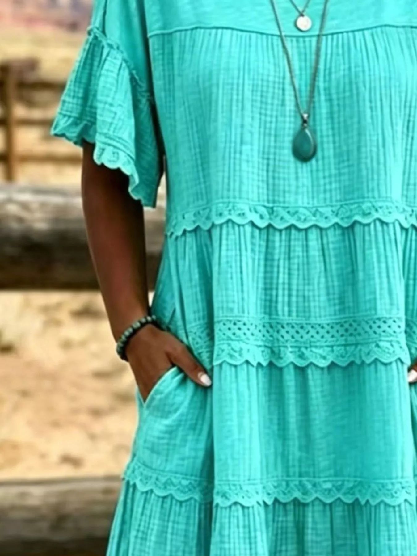 Tiered Ruffle Sleeve Midi Dress with Pockets