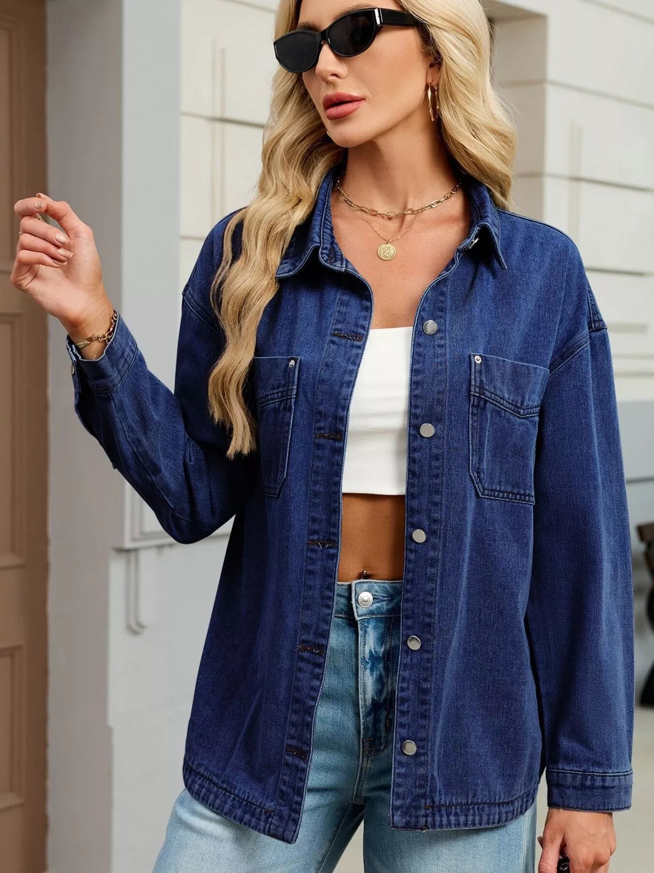 Button-Up Dropped Shoulder Denim Jacket with Pockets by Moni Wear