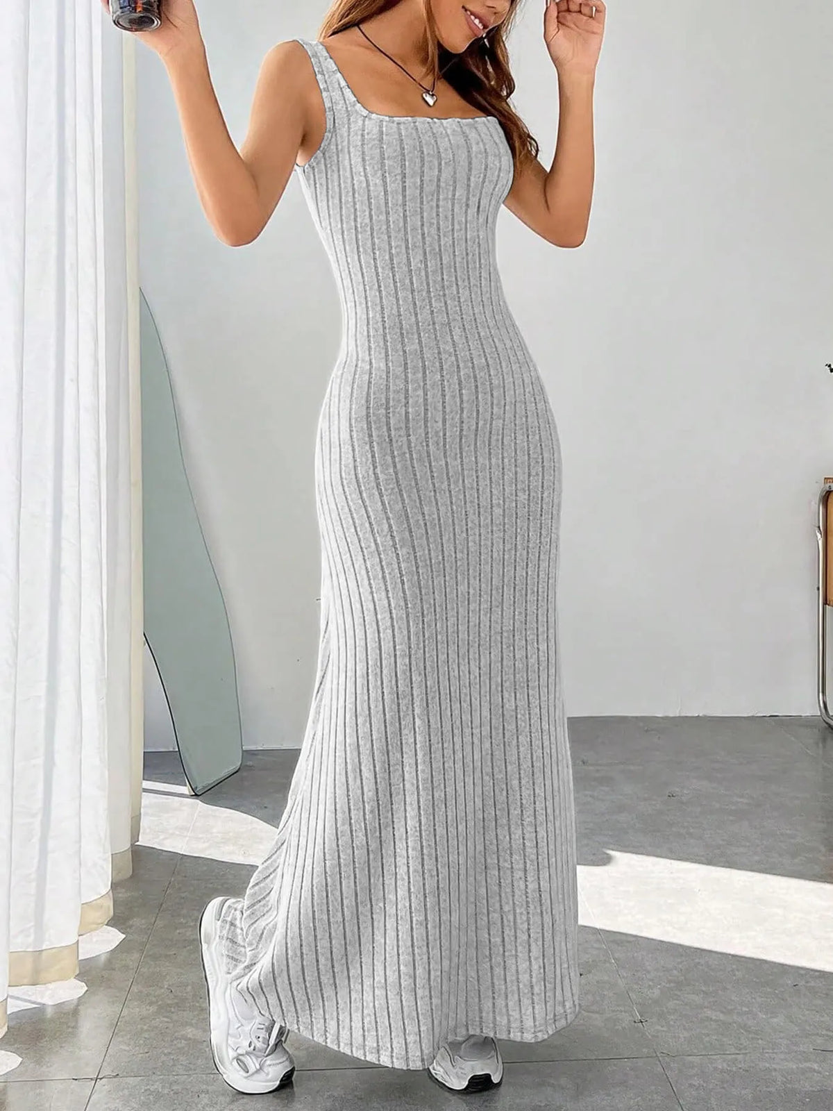 Ribbed Knit Square Neck Maxi Dress
