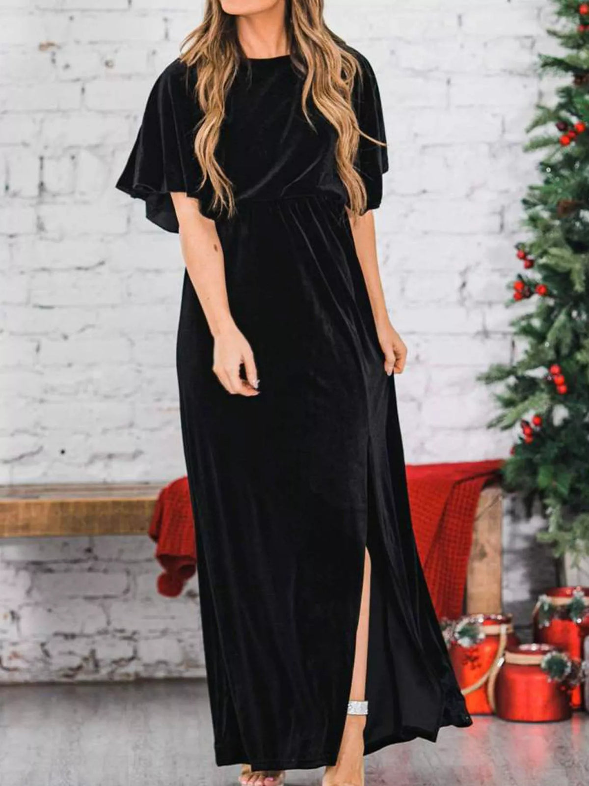 Flutter-Sleeve Velvet Maxi Dress