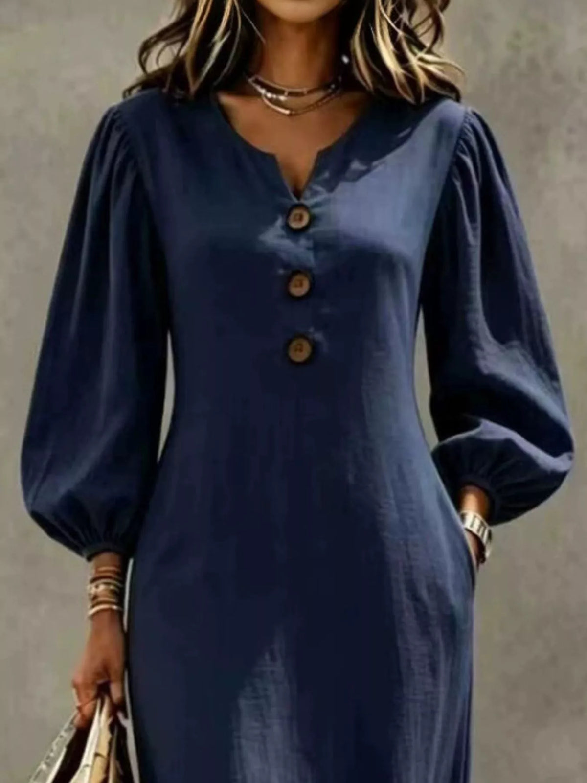 Button Balloon Sleeve Maxi Dress