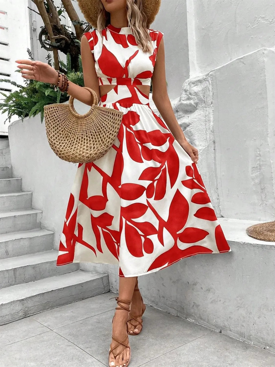 Cutout Cap Sleeve Printed Midi Dress