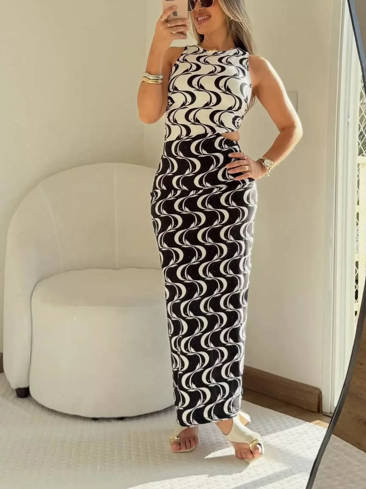 Wave Print Cutout Maxi Dress in Black