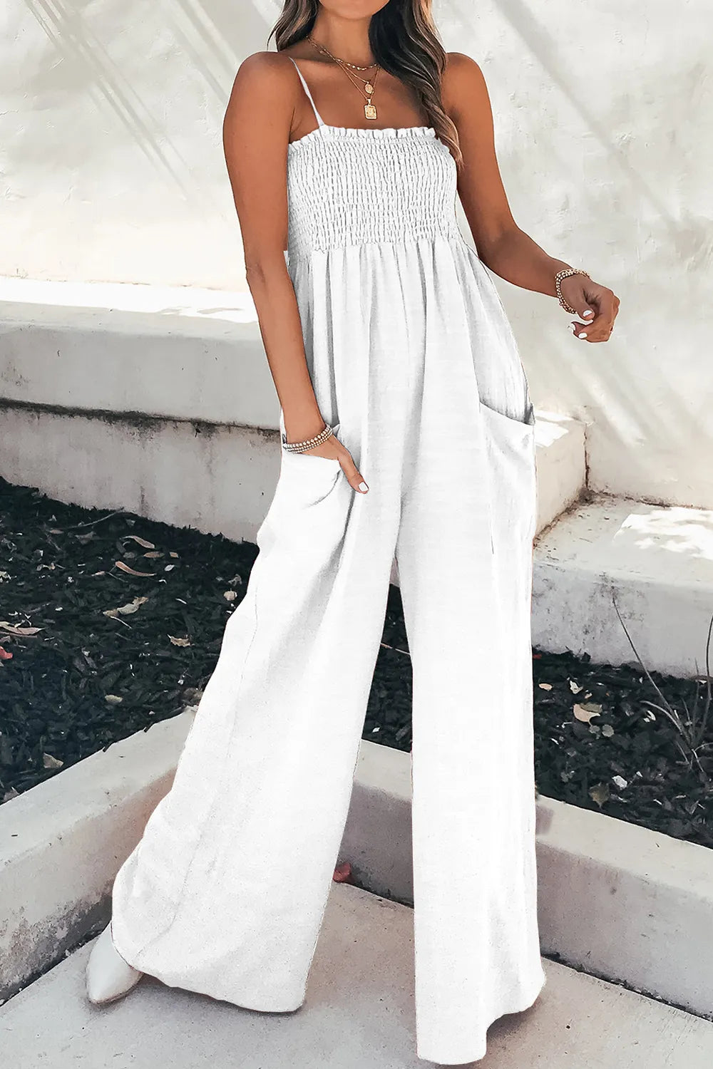 Smocked Spaghetti-Strap Wide-Leg Jumpsuit