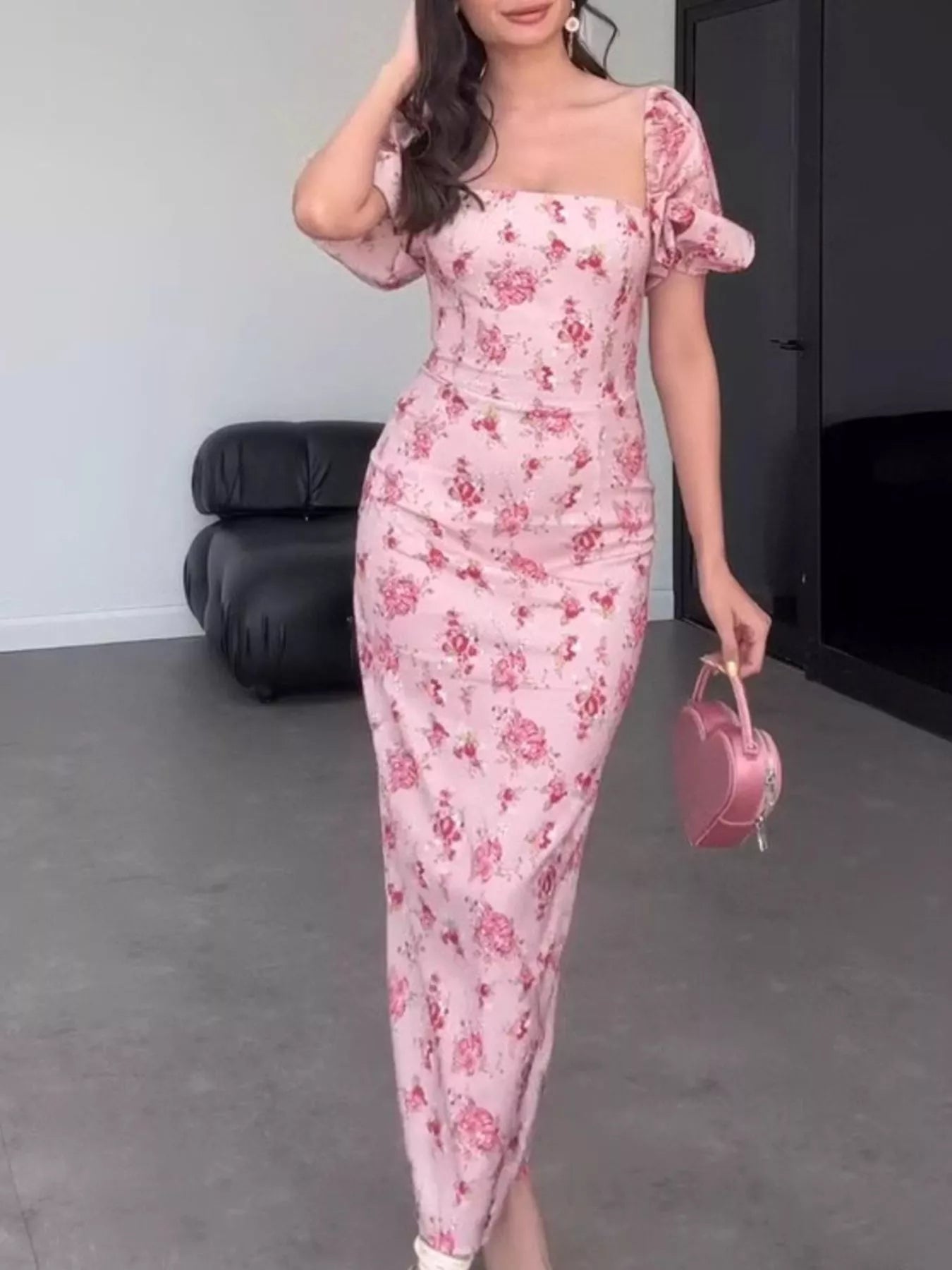 Floral Puff Sleeve Midi Dress in Dusty Pink