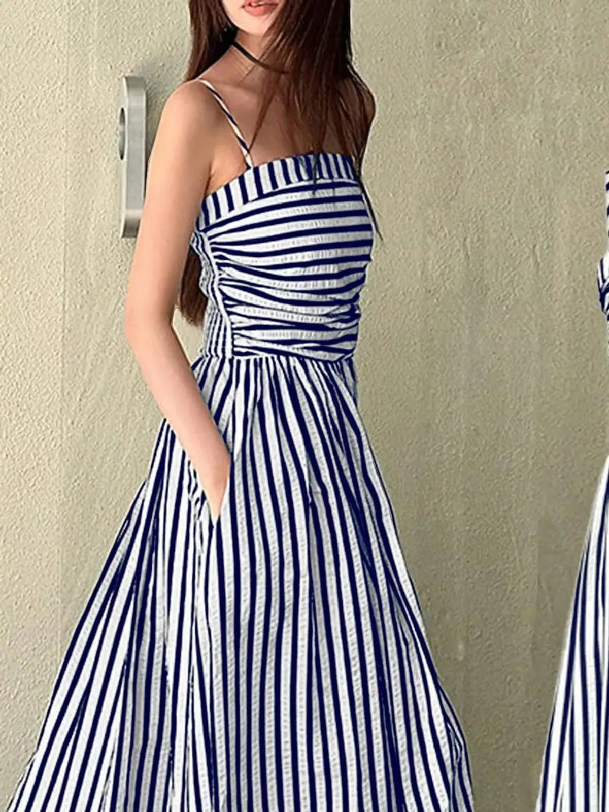Striped Spaghetti-Strap A-Line Maxi Dress