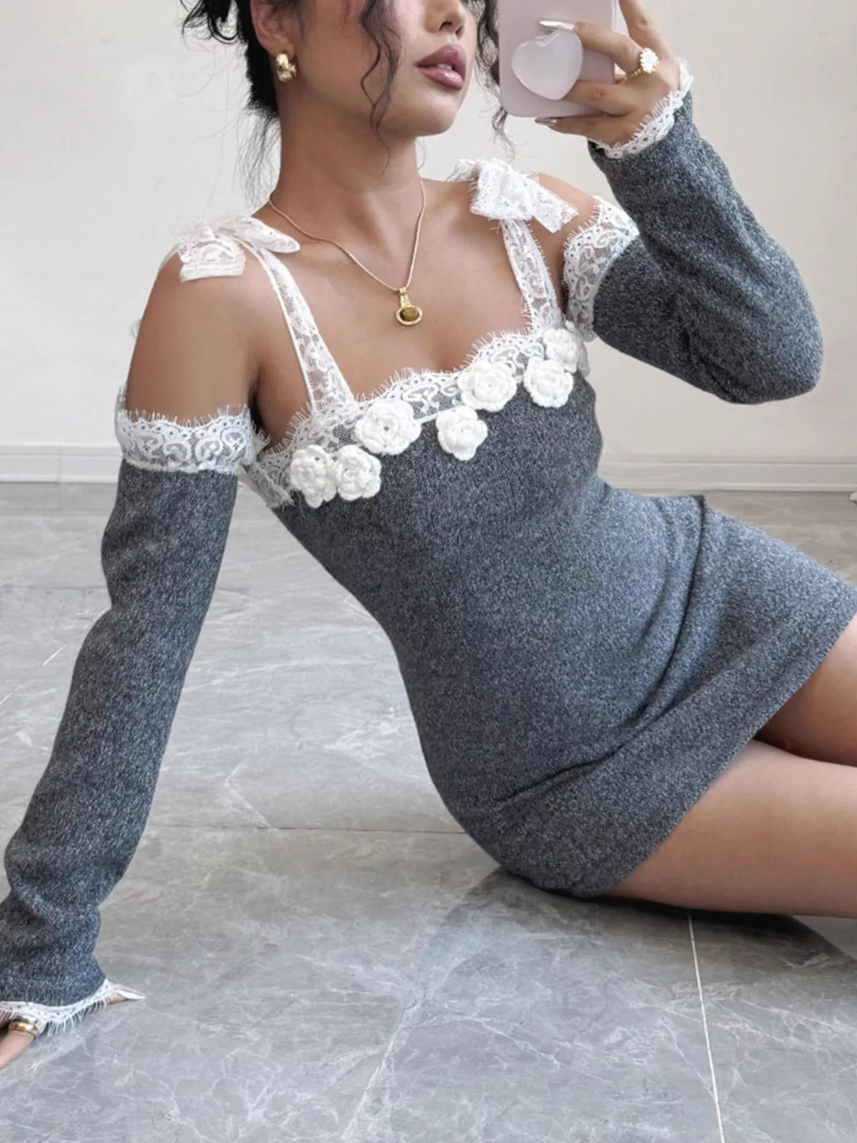 Crochet Off-Shoulder Knit Dress in Gray