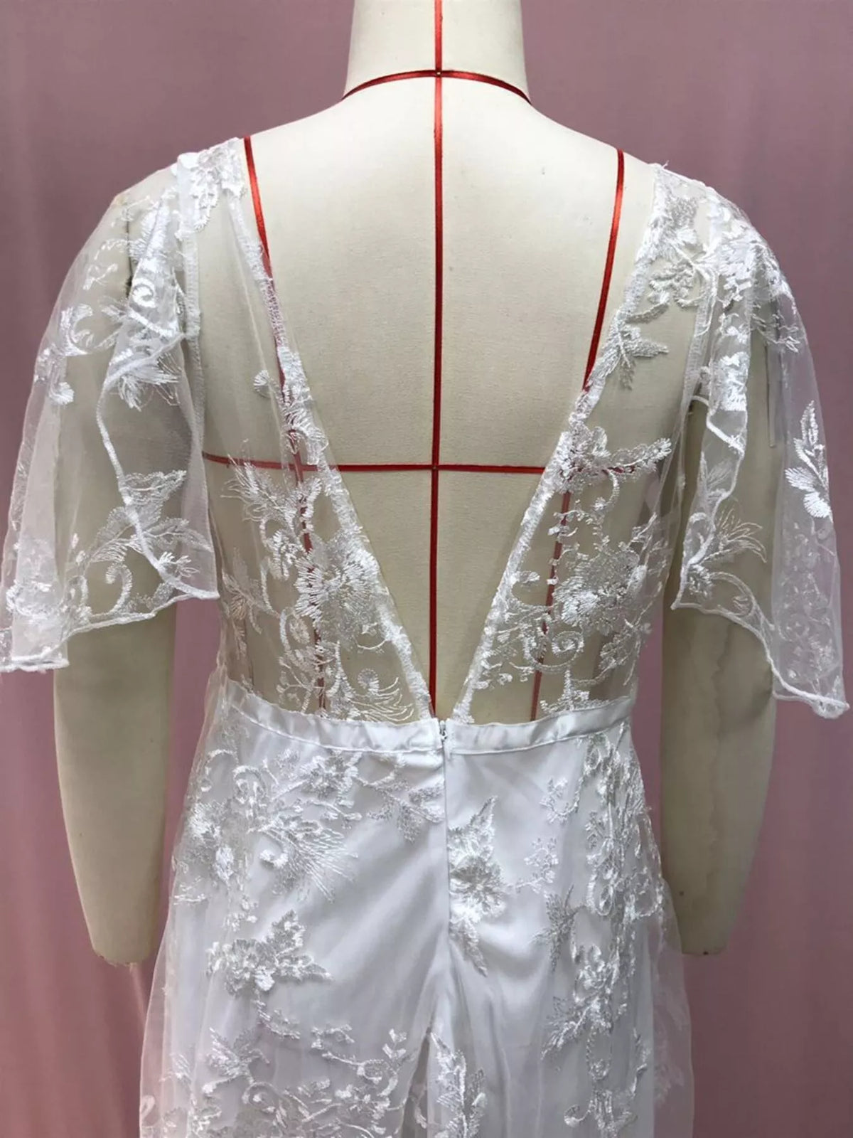 Lace Flutter Sleeve V-Neck Dress in White