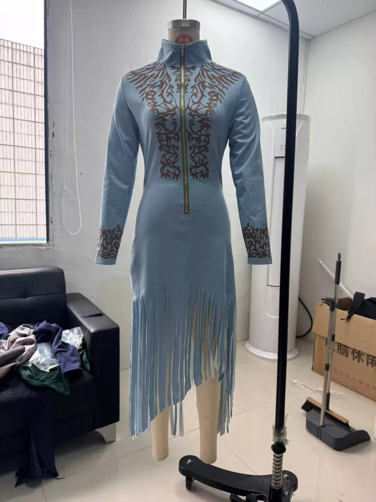 Embroidered Fringe Zip-Front Maxi Dress in Light Blue