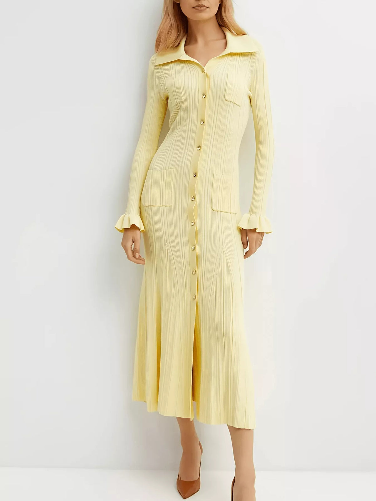 Button-Down Flounce Sleeve Sweater Dress in Pastel Yellow