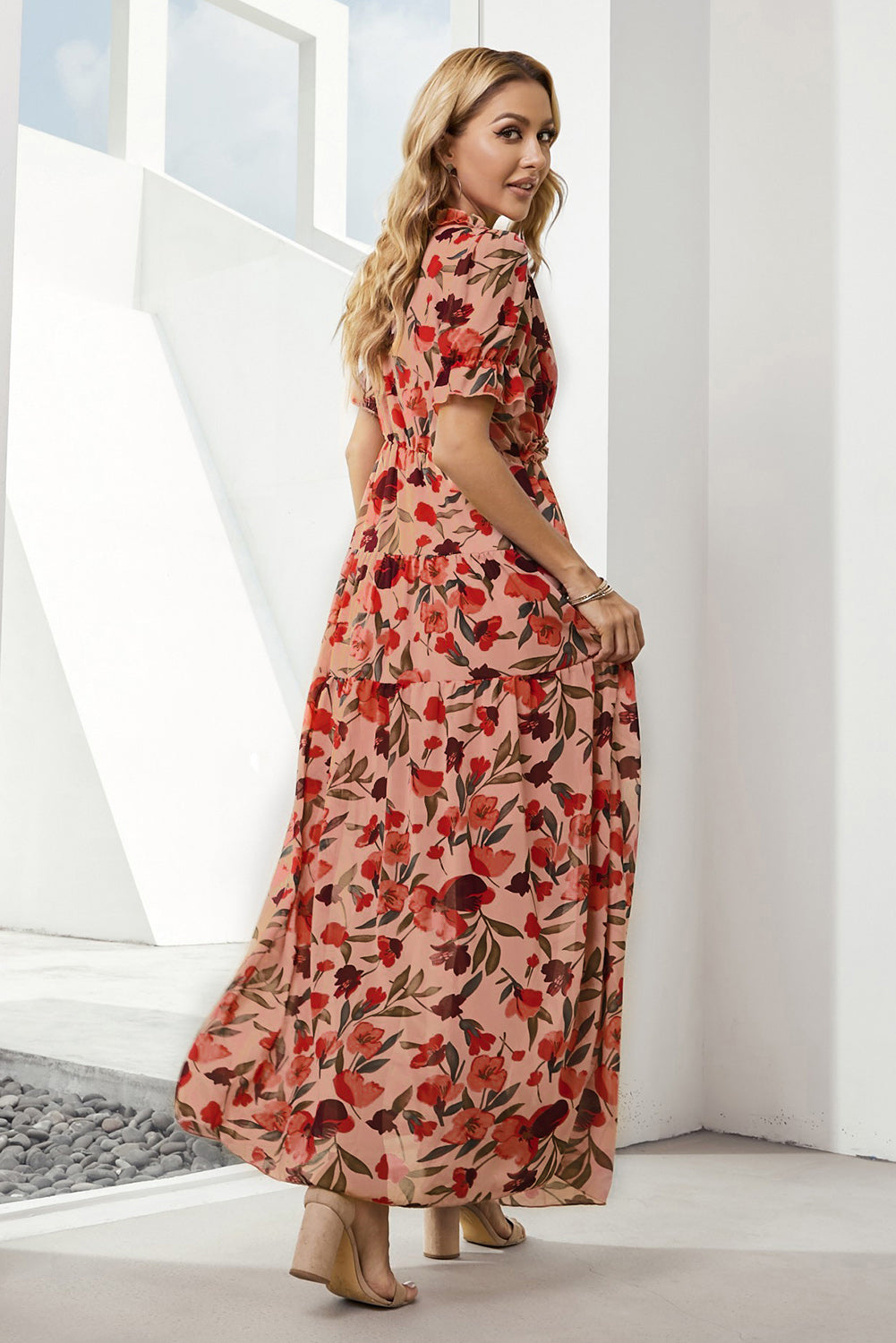 Floral V-Neck Flounce Sleeve Dress