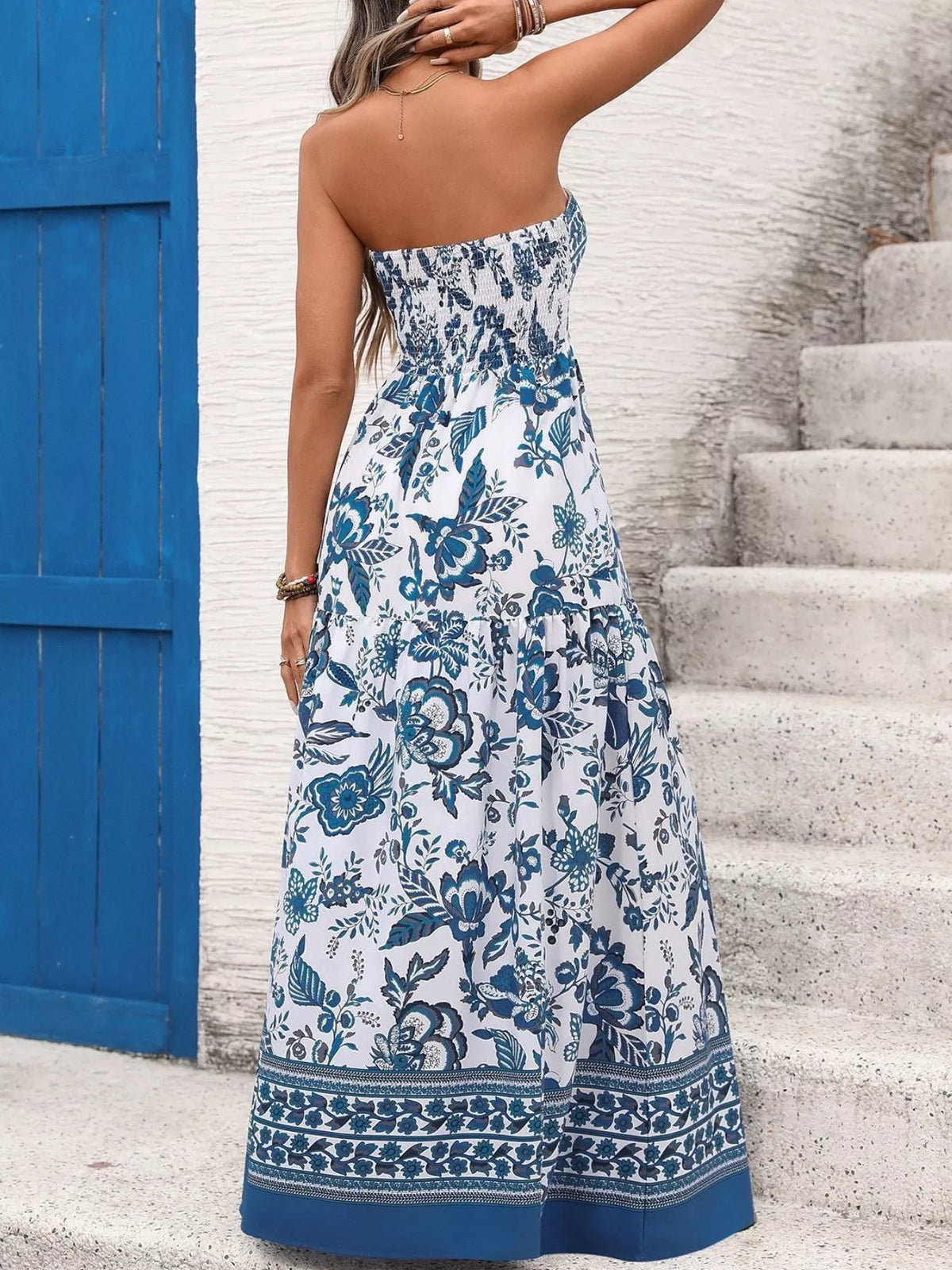 Floral Print Strapless Maxi Dress in Blue