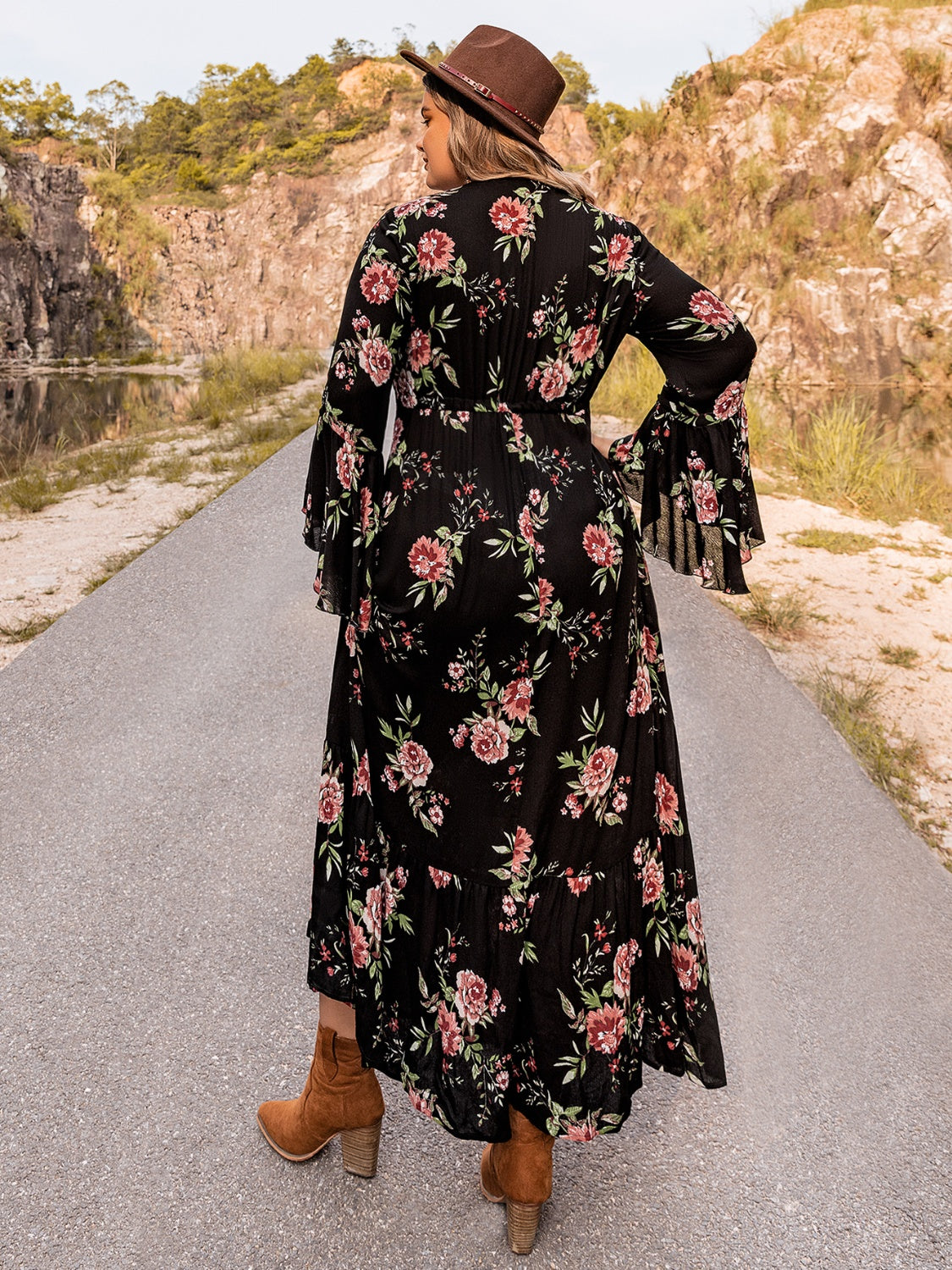 Floral Flare Sleeve Dress in Black