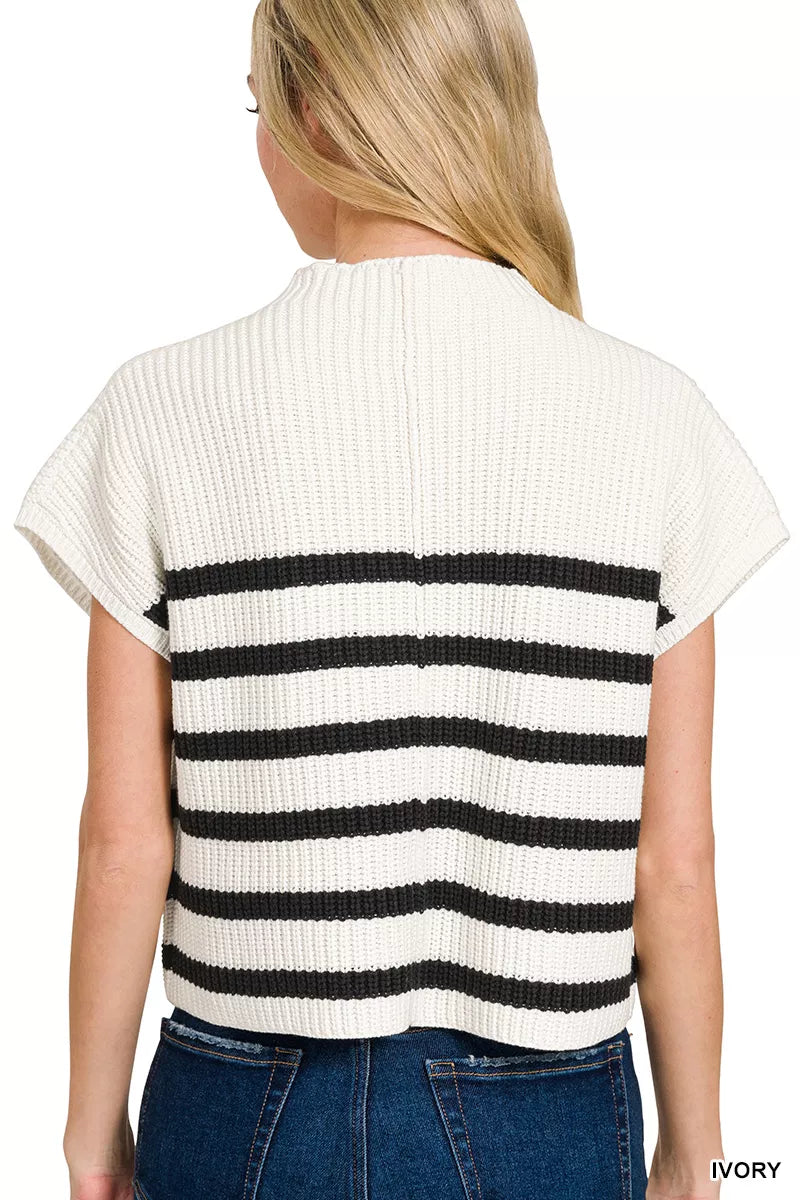 Zenana Striped Short Sleeve Sweater in Ivory