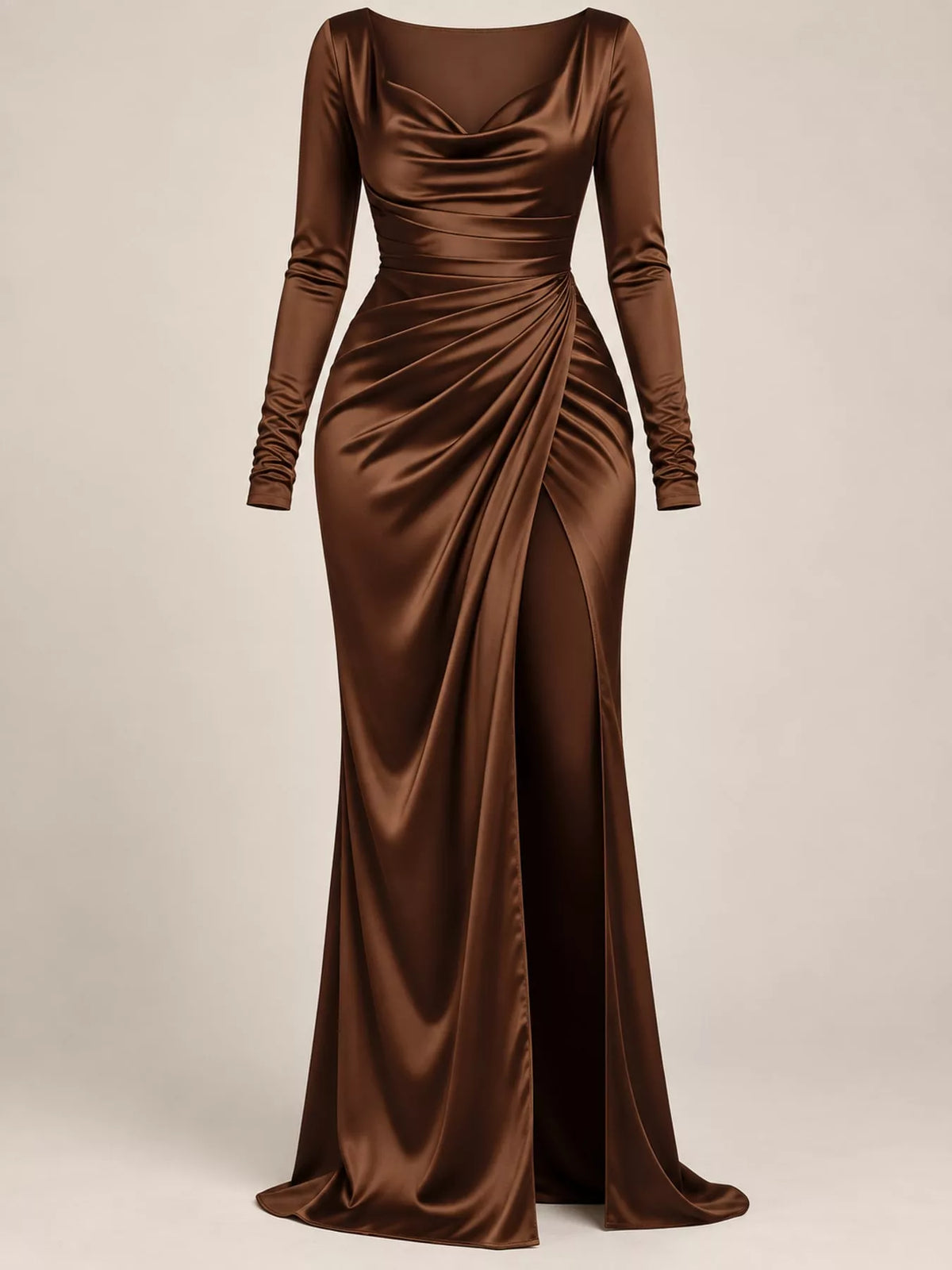 Satin Cowl Neck High Slit Evening Maxi Dress in Black