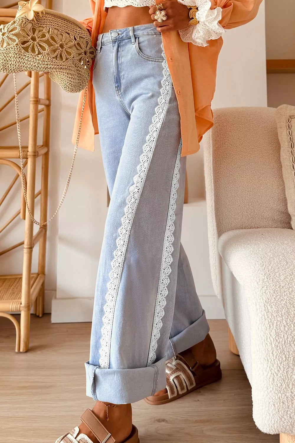 Light Blue Lace Trim Wide Leg Jeans
