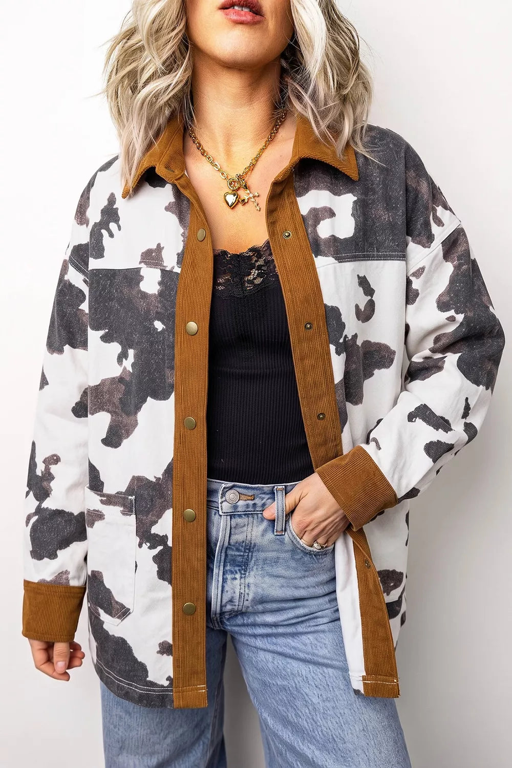 Western Cow Print Button-Up Denim Jacket in Dark Gray