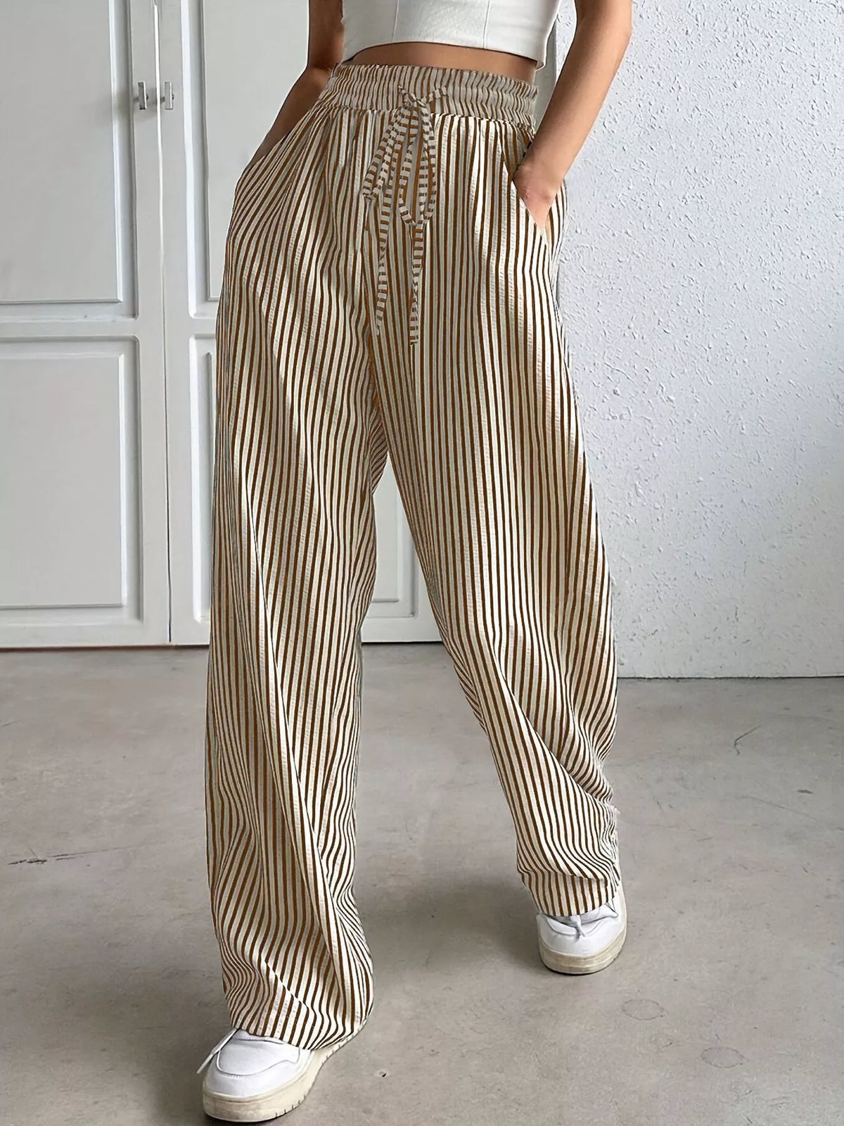 Striped Drawstring Wide Leg Pants