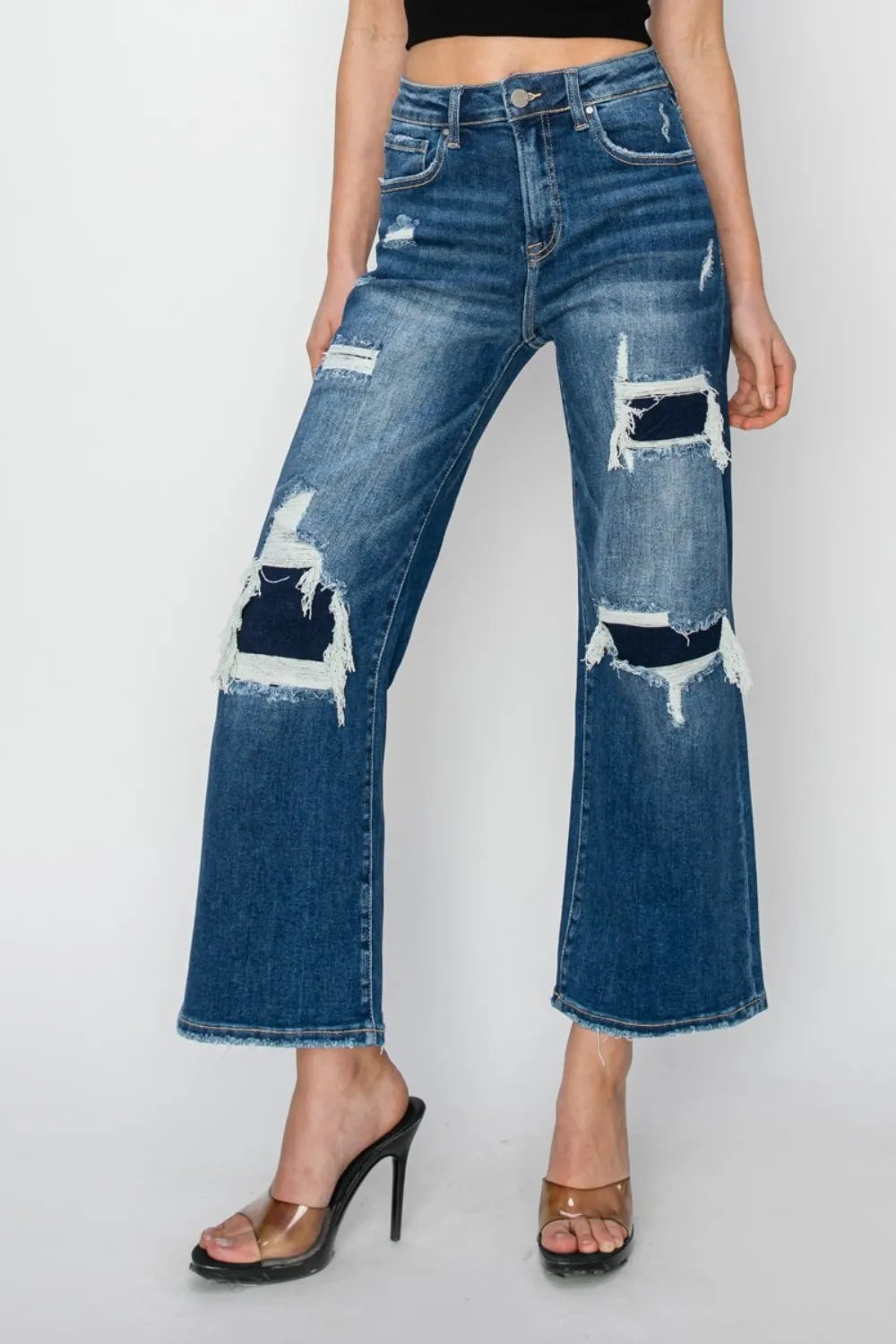 Risen High Rise Patch Detail Wide Leg Crop Jeans in Medium Wash