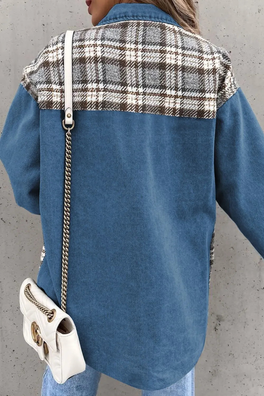 Plaid Button-Up Denim Jacket