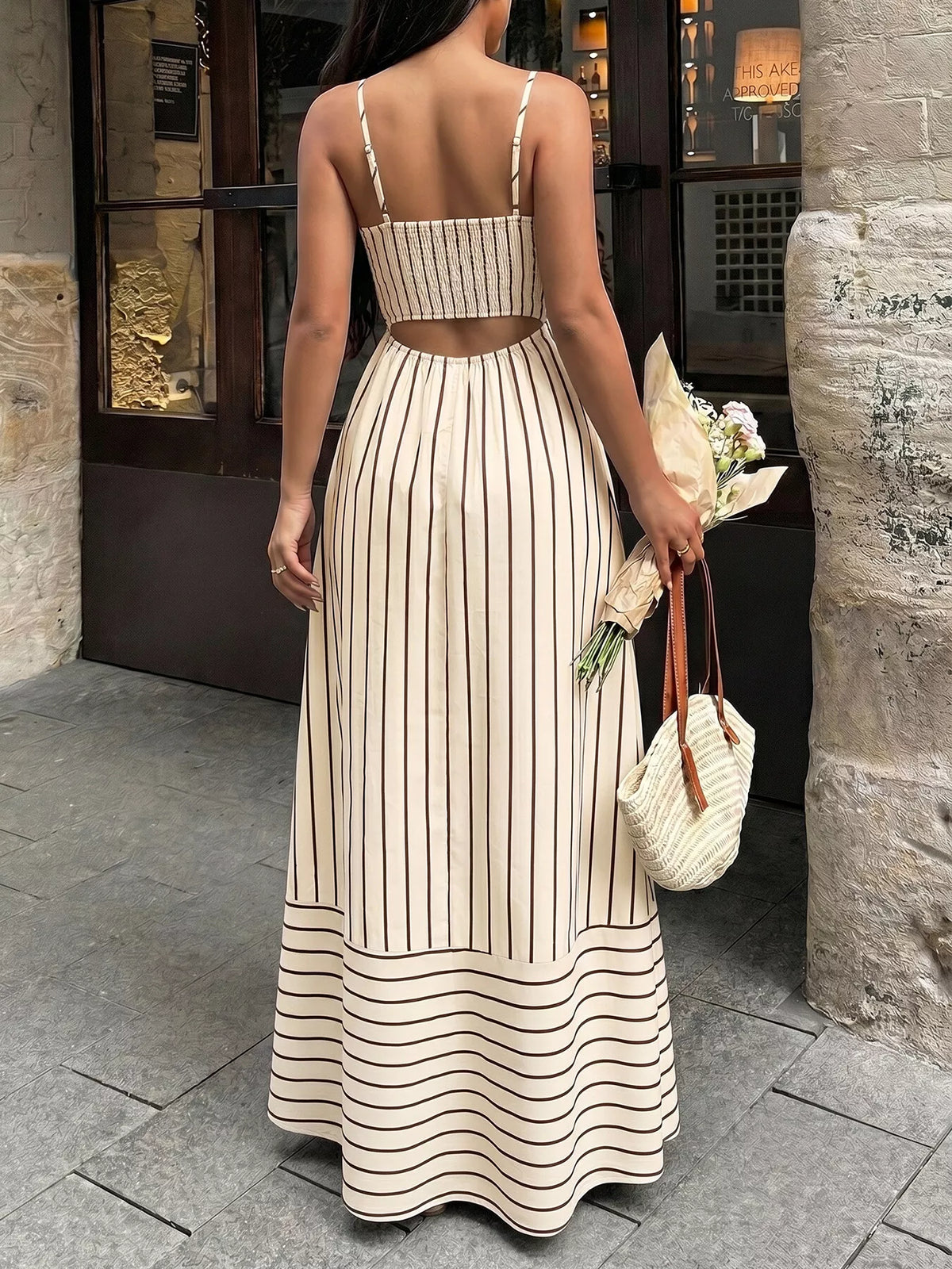 Striped Spaghetti Strap Maxi Dress with Cutout