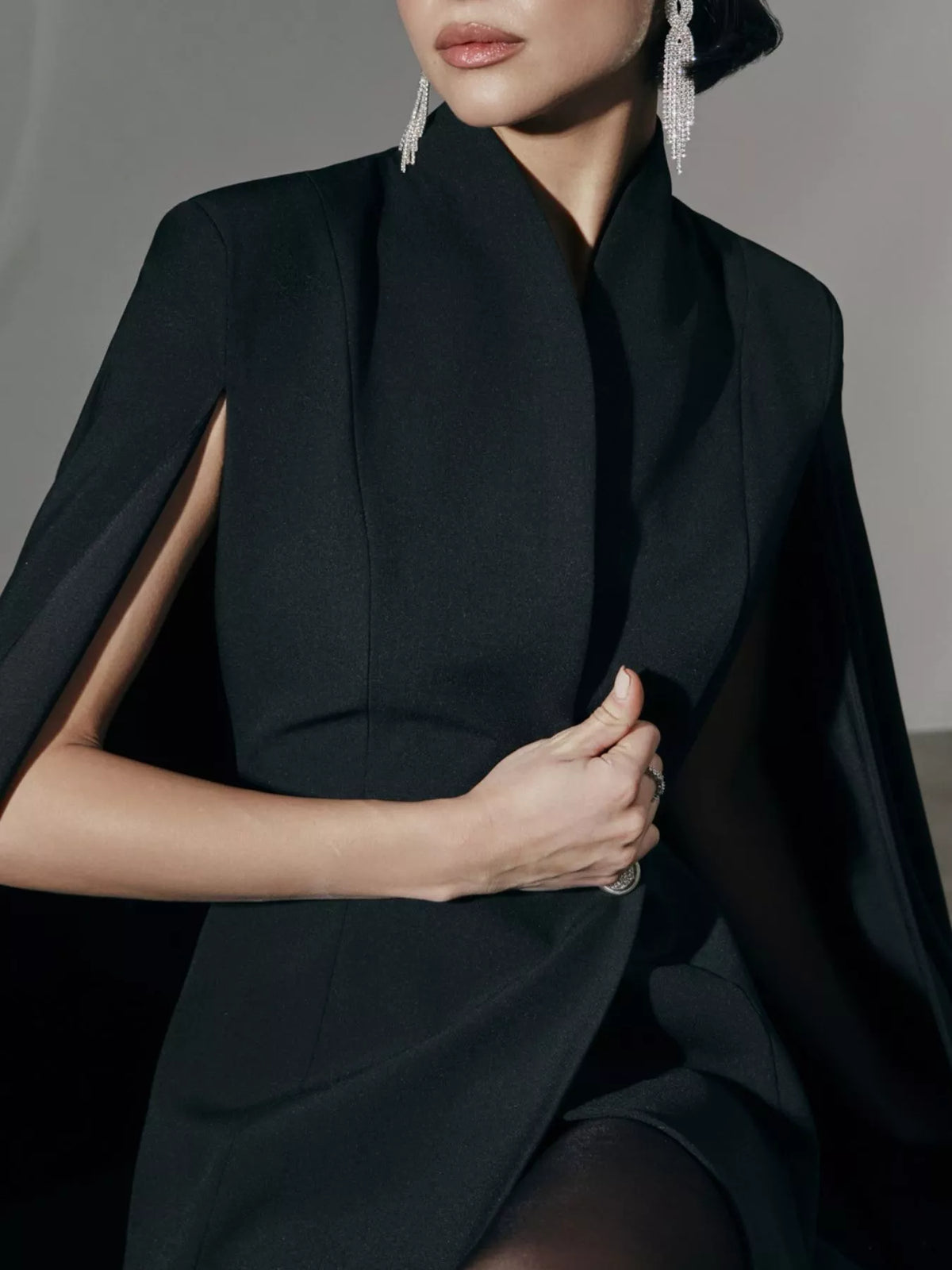 Fitted Blazer Dress with Cape Sleeves in Black