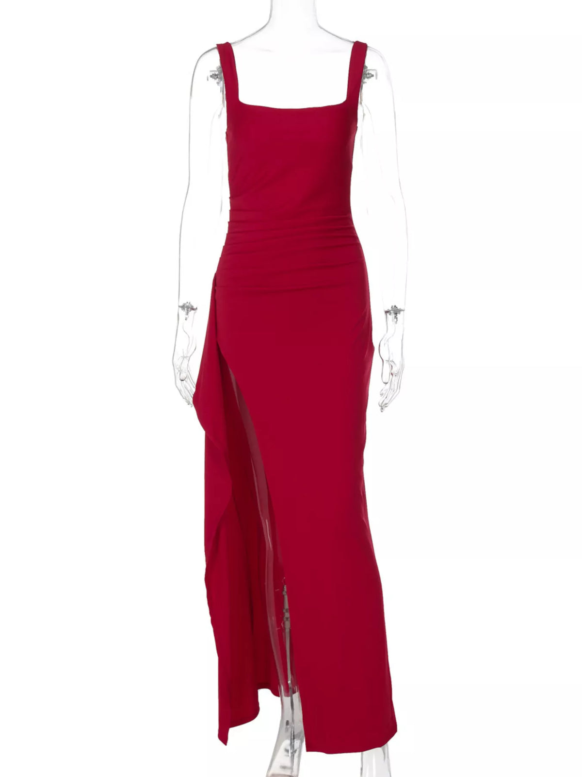 Ruched Slit Square Neck Maxi Dress