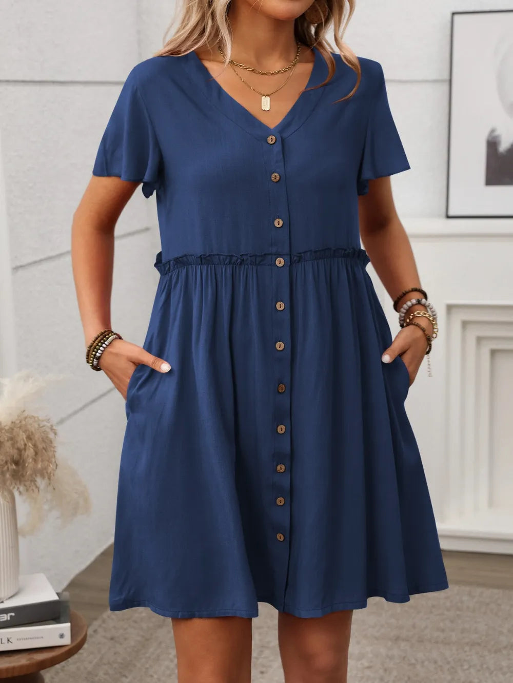 Button Front Flutter Sleeve Dress with Frill Detail