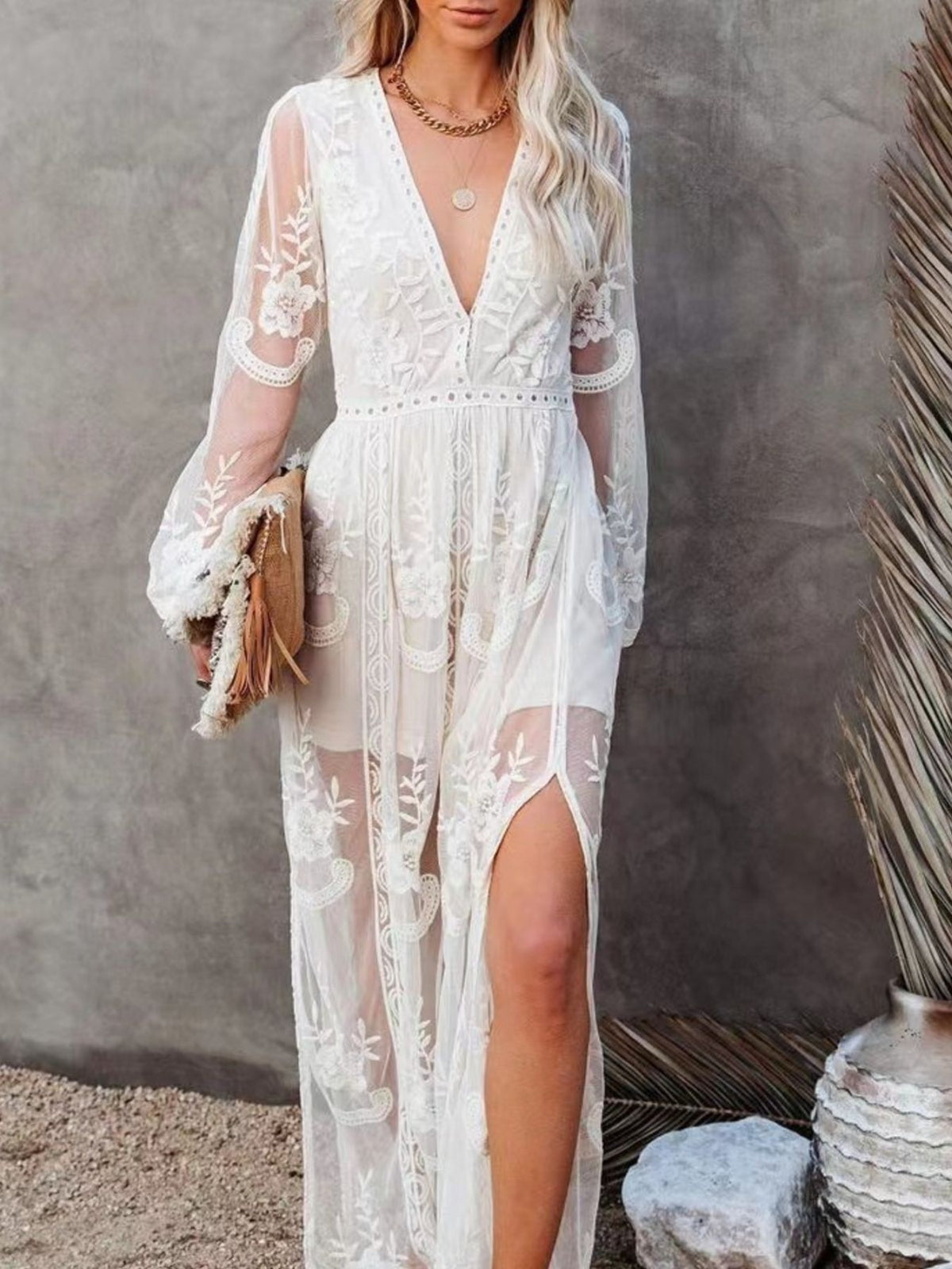 Floral Lace Maxi Dress with Side Slit