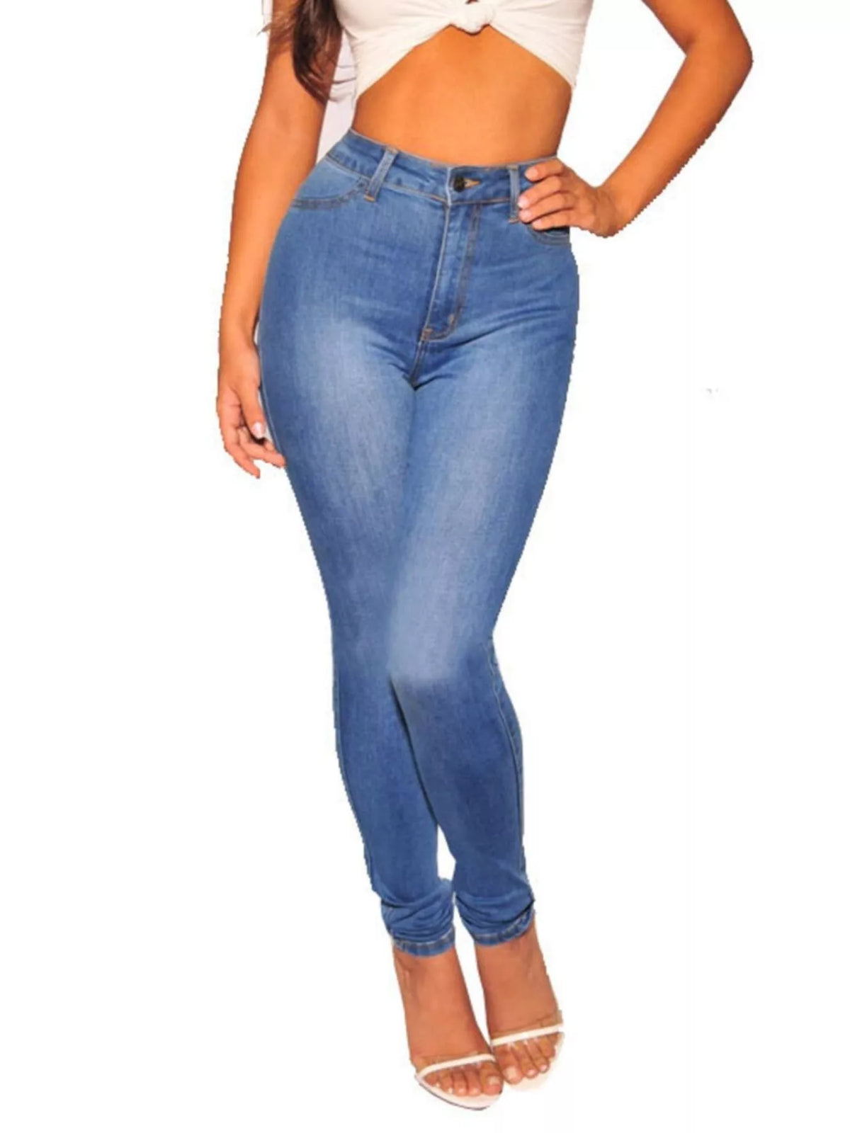 High-Waisted Skinny Jeans in Dusty Blue