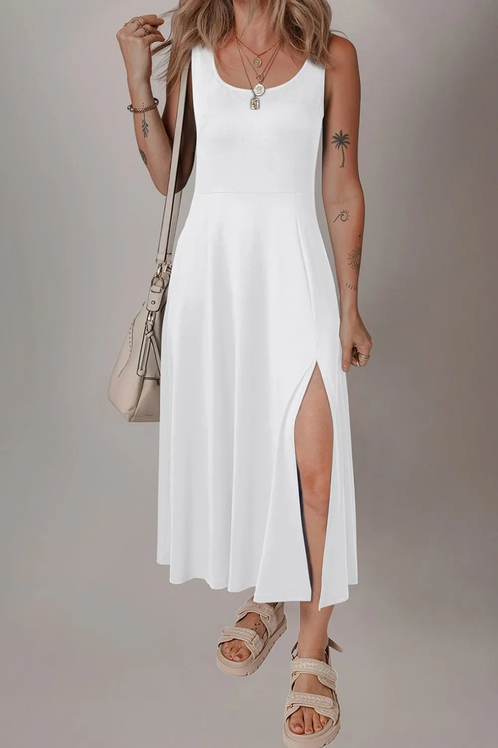 Scoop Neck Wide Strap Dress with Side Slit