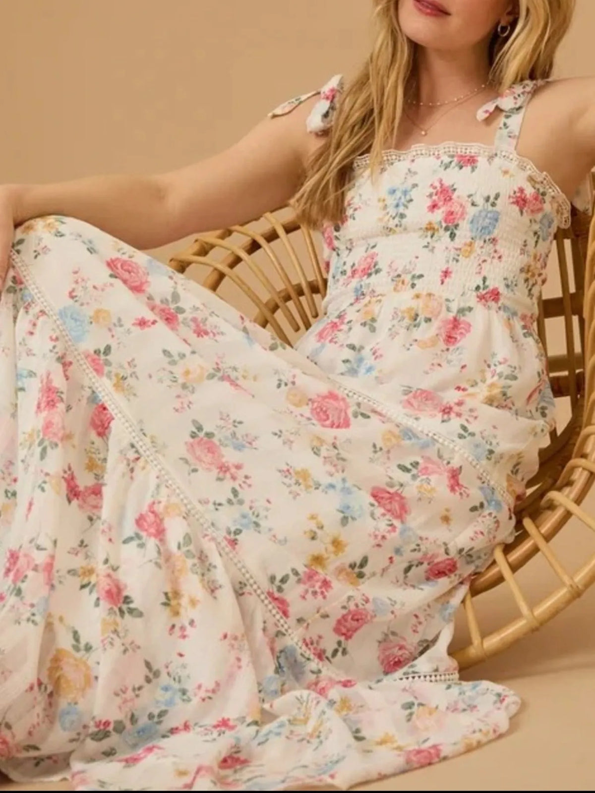 Floral Smocked Tiered Maxi Dress with Tie Straps in Cream