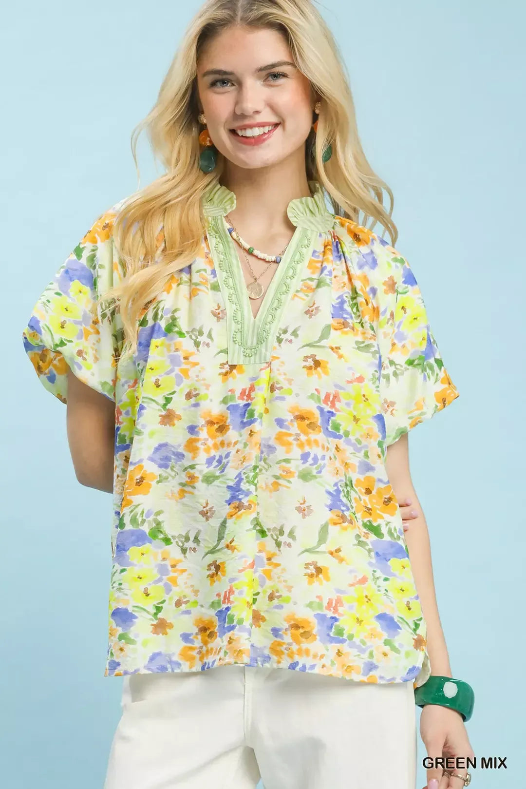 Umgee Watercolor Floral Top in Green Mix