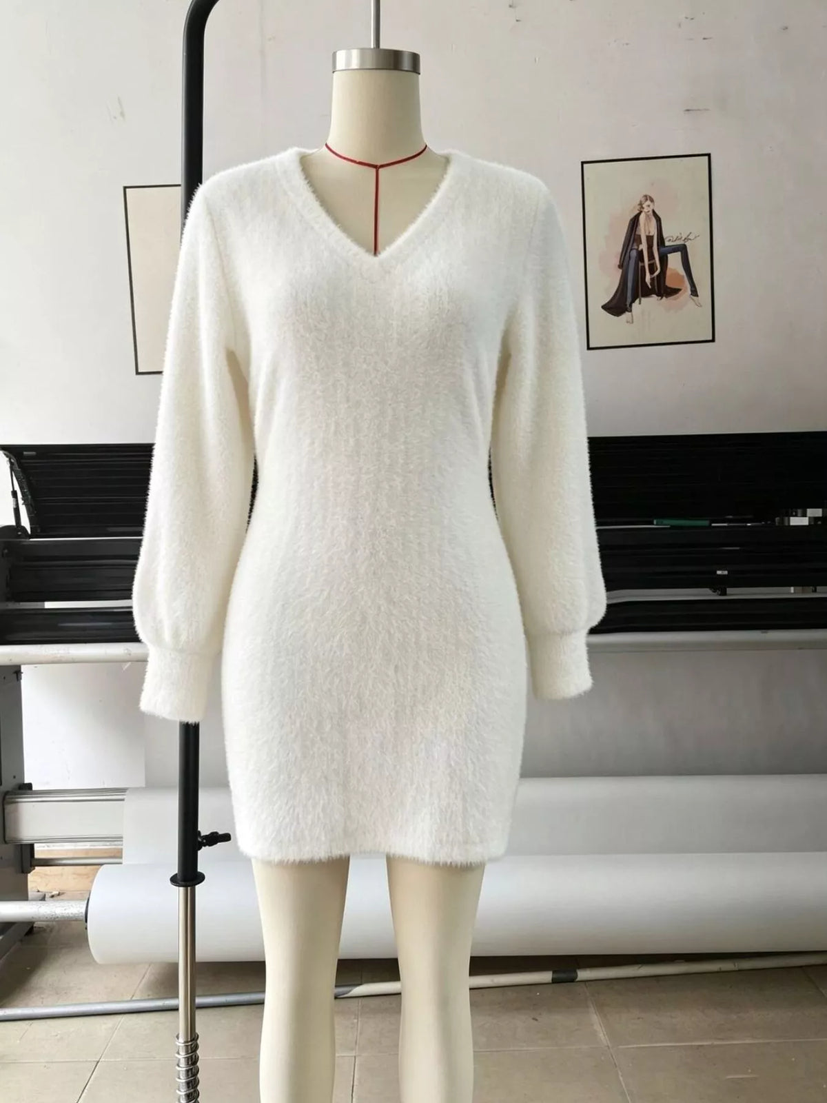 Fuzzy V-Neck Long Sleeve Sweater Dress