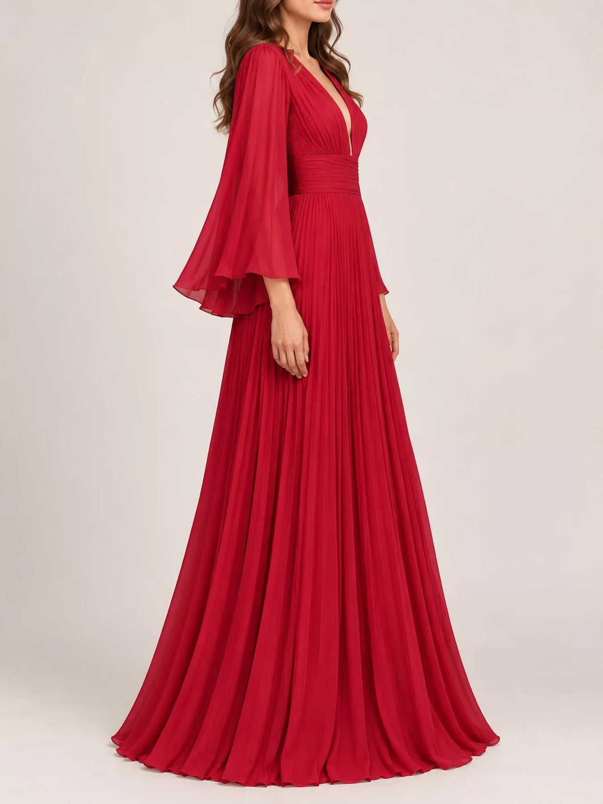 Sheer Pleated V-Neck Maxi Dress