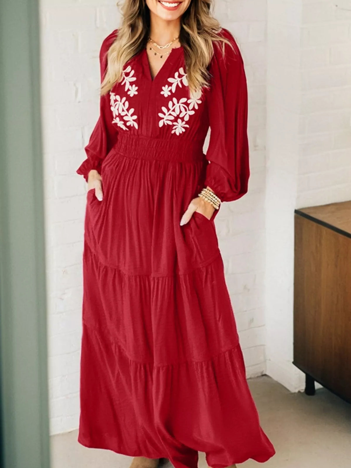 Embroidered Tiered Long Sleeve Maxi Dress in Rust