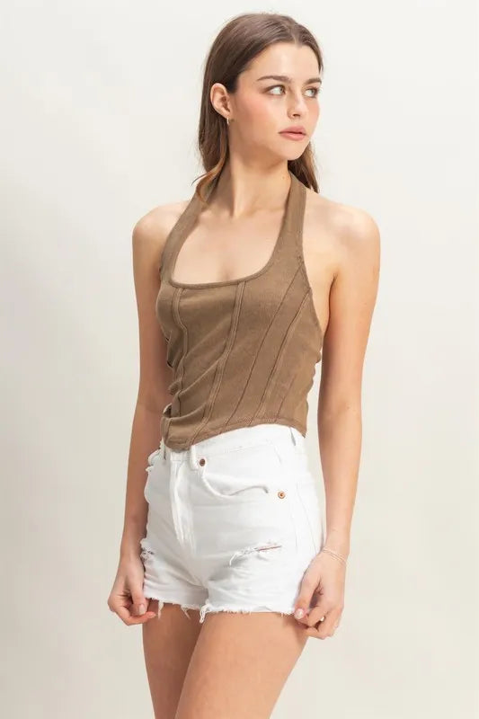 Hyfve Mineral Wash Halter Neck Top in Mocha