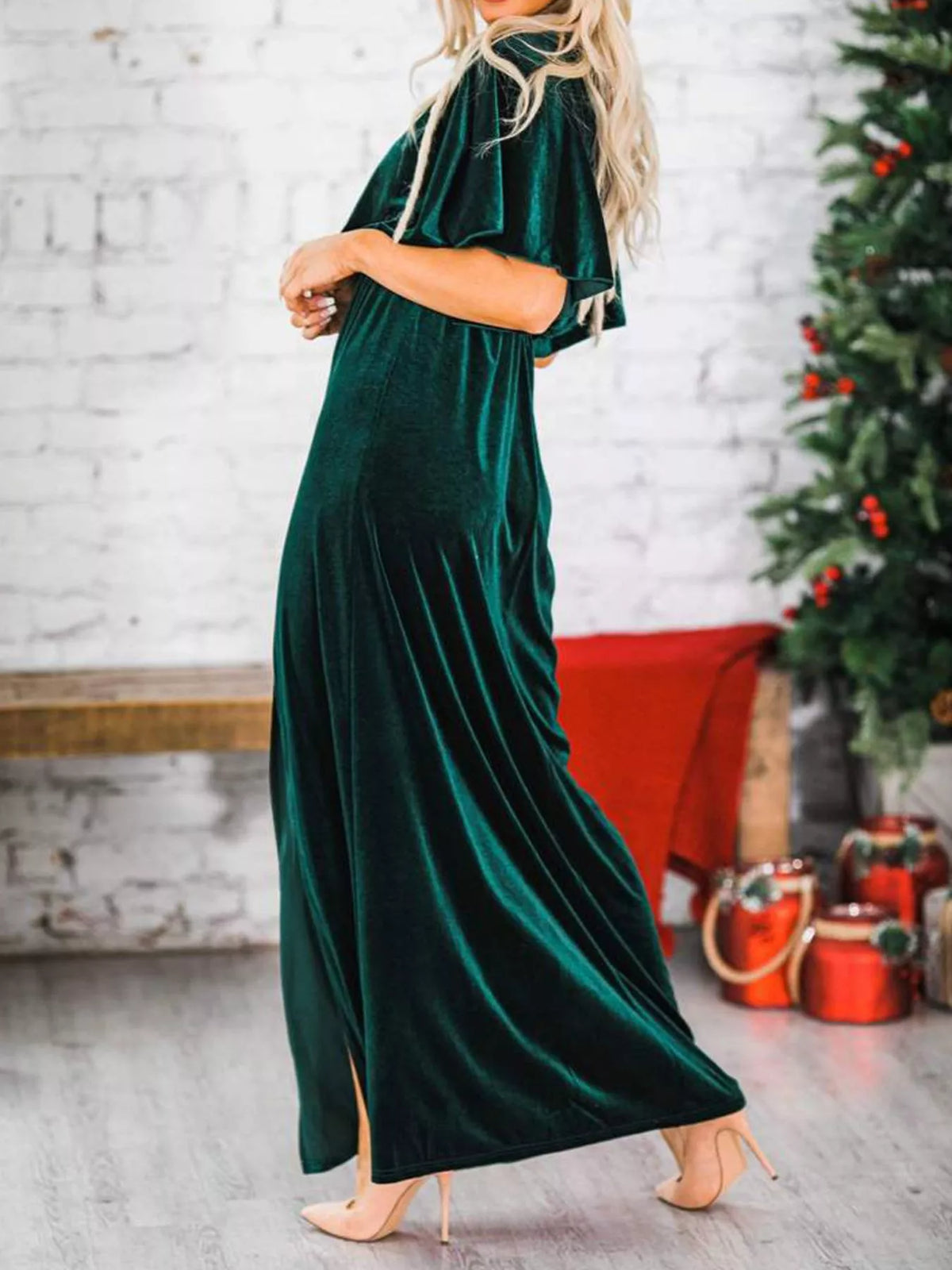 Flutter-Sleeve Velvet Maxi Dress
