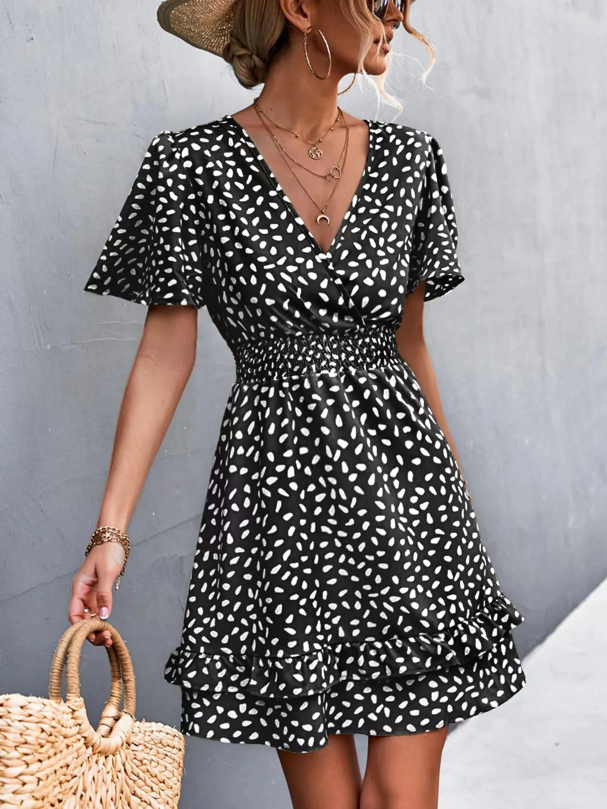 V-Neck Flutter Sleeve Mini Dress by Elaine