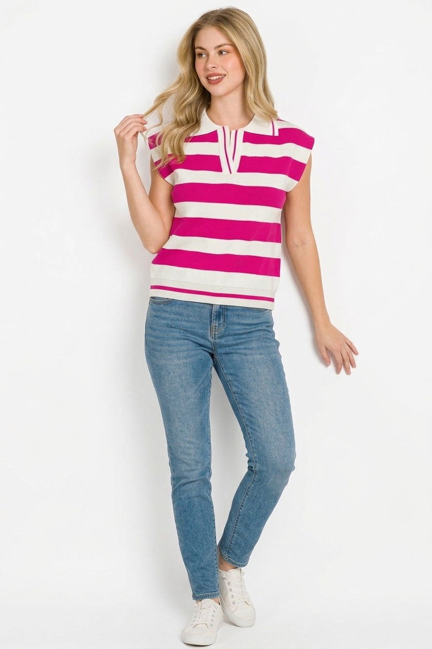 Zenana Striped Collared Sweater Vest in Hot Pink/Ivory