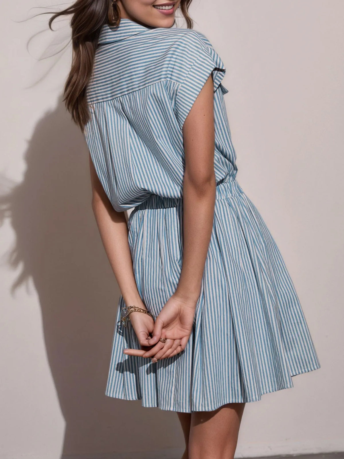 Half-Button Striped Cap-Sleeve Mini Shirt Dress in Blue