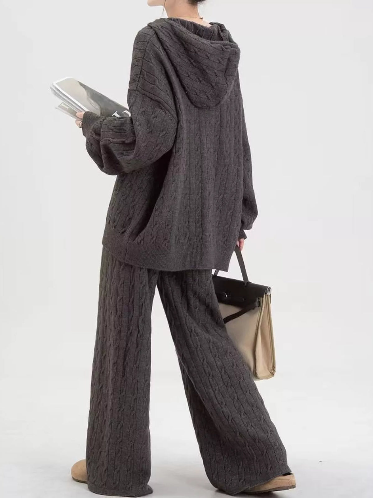 Cable Knit Zip-Up Hooded Cardigan and Wide-Leg Pants Set