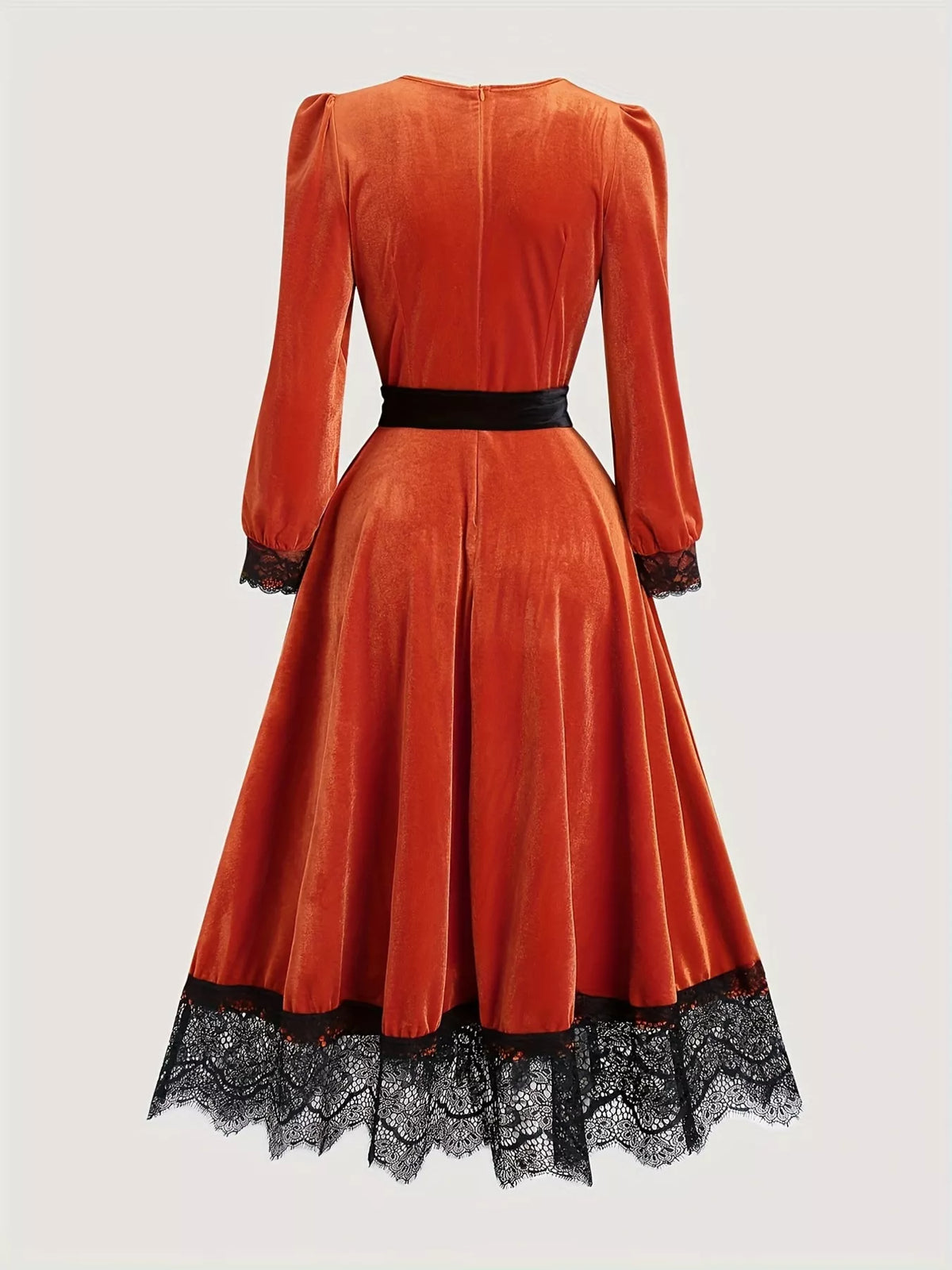 Velvet V-Neck Lace Trim Midi Dress with Waist Tie in Orange Red