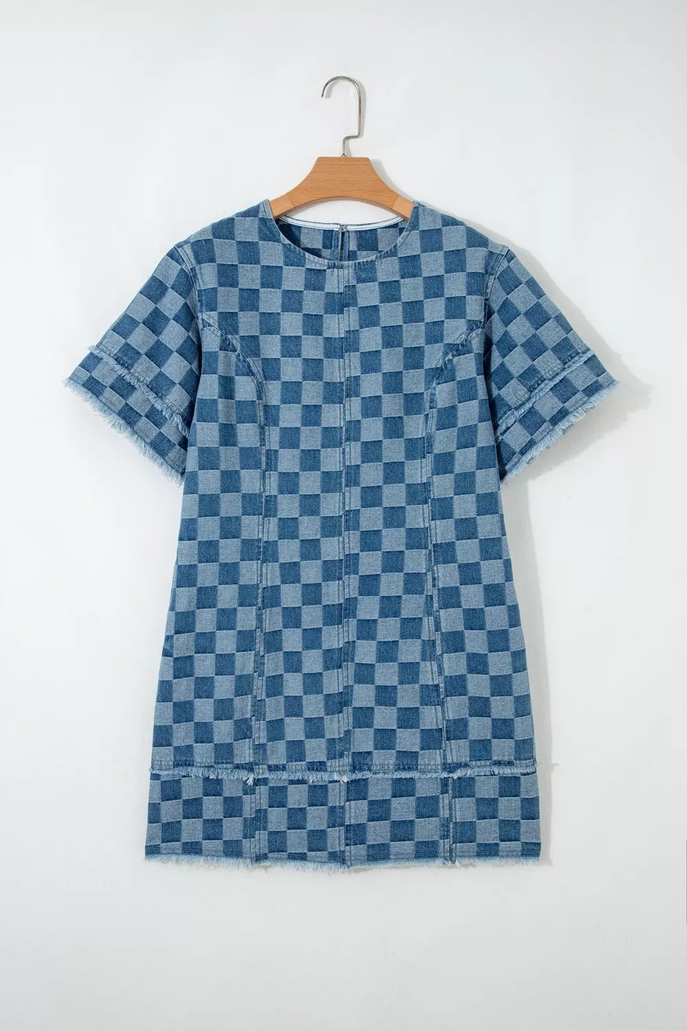 Frayed Hem Checkered Denim Mini Dress in Medium