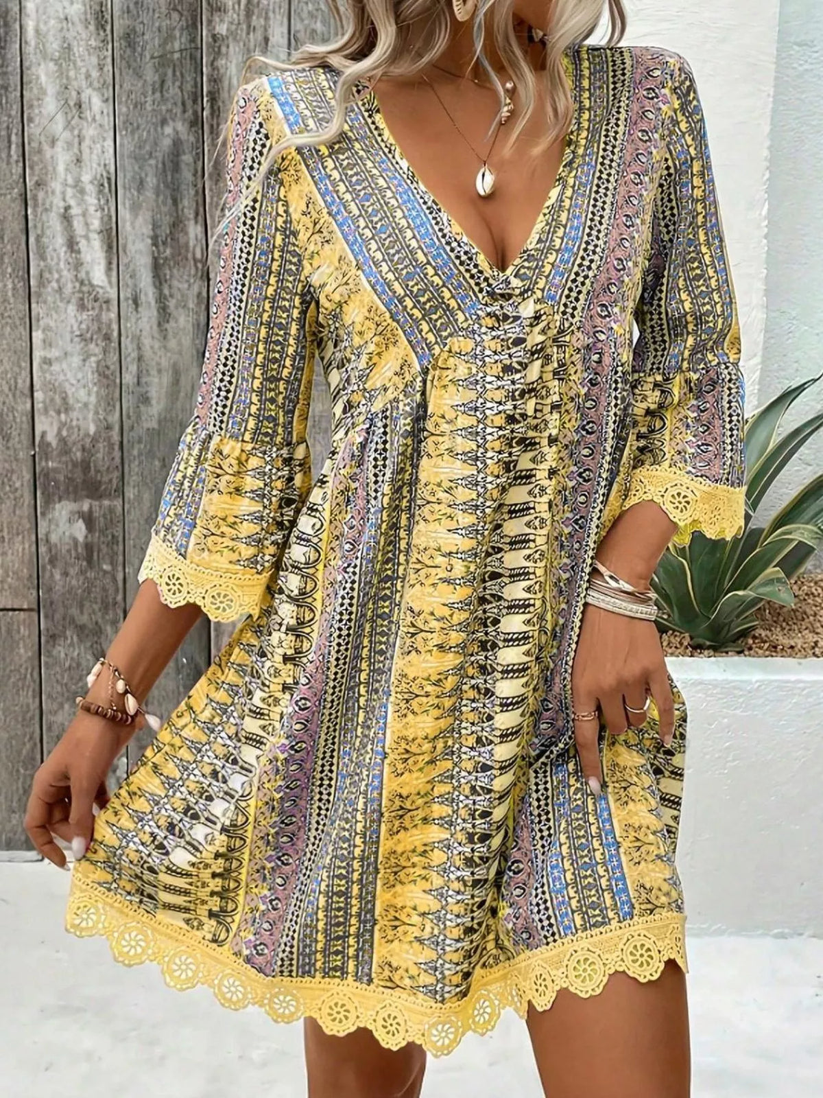 Printed V-Neck A-Line Dress with Lace Detail