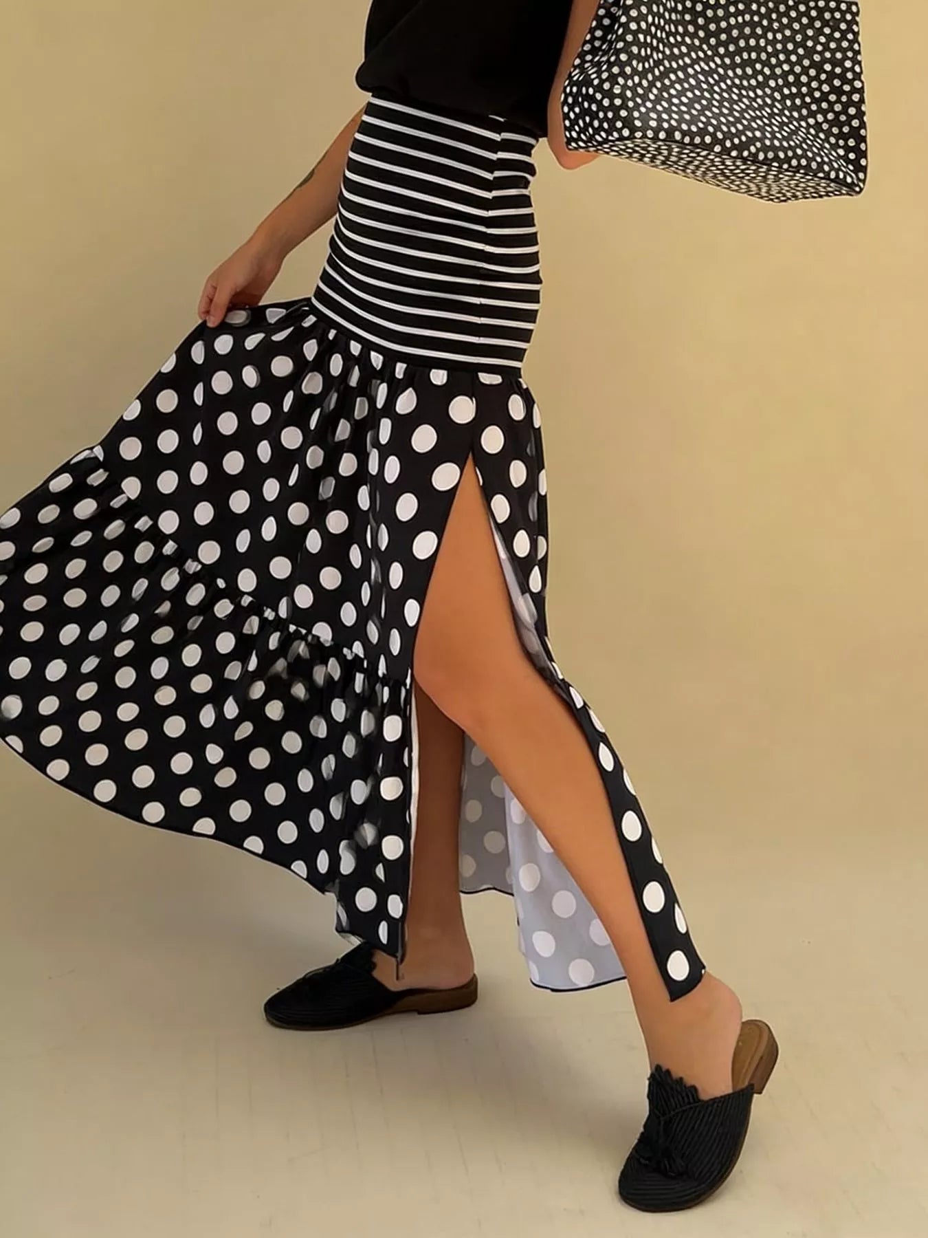Polka Dot Slit Maxi Skirt in Black